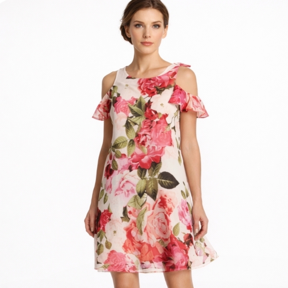 Eliza J | Floral Pink Print Cold Shoulder Shift Dress